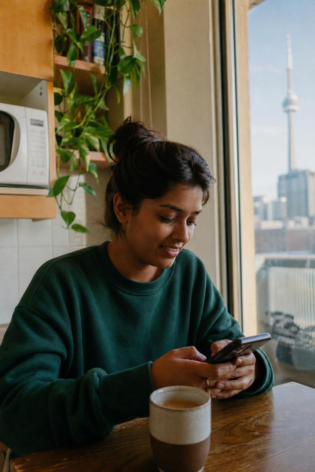 A newcomer activating a new phone plan at her kitchen table in a Toronto condo, with the CN Tower visible in the distance.