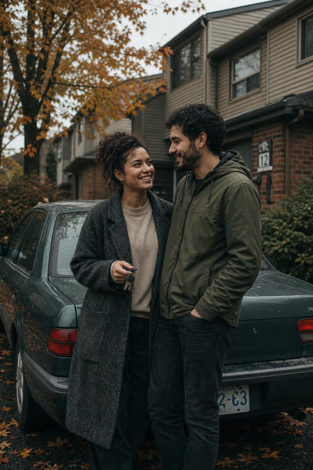 A young couple receiving keys to their first car outside a townhouse in a Canadian suburb, autumn maple leaves overhead.