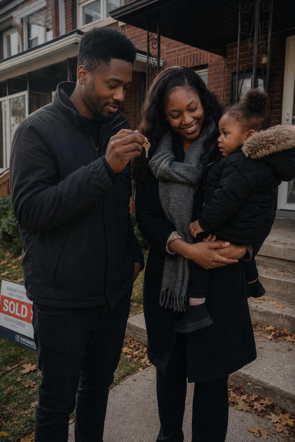 A young family on the porch of their first home in Toronto, the father holding up a single house key.